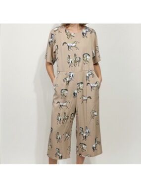 Sundayup Horse Print Wide Leg Jumpsuit Size Large Tan Grey